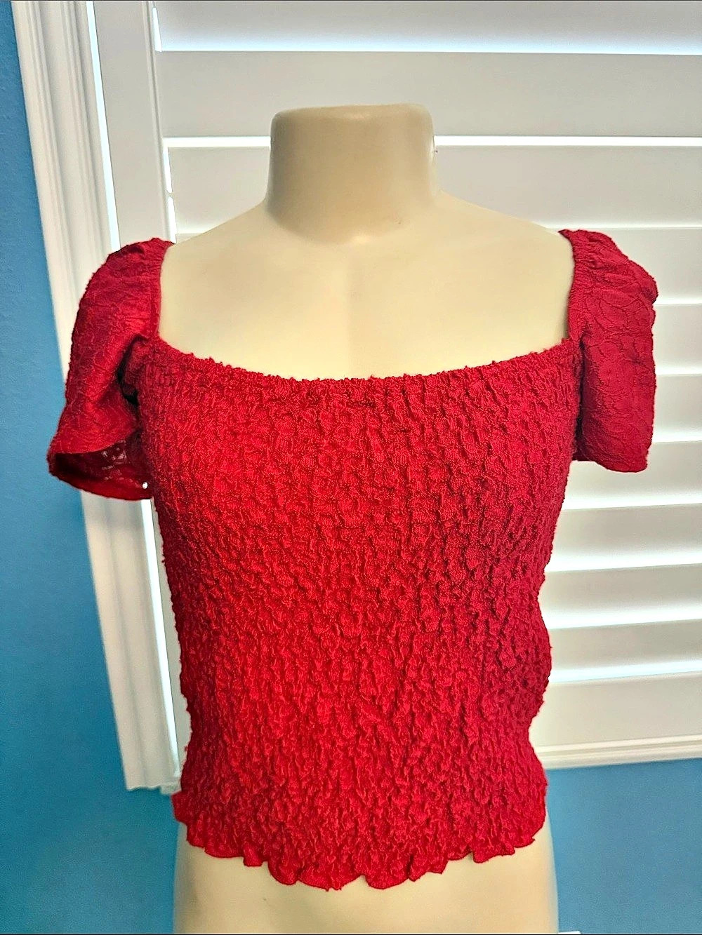 Red Smocked Off-Shoulder Crop Top